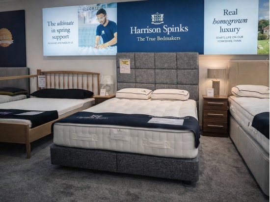 Harrison Spinks Shallow True Edge Sprung Base with matching Roma Deep headboard in Waves Fabric